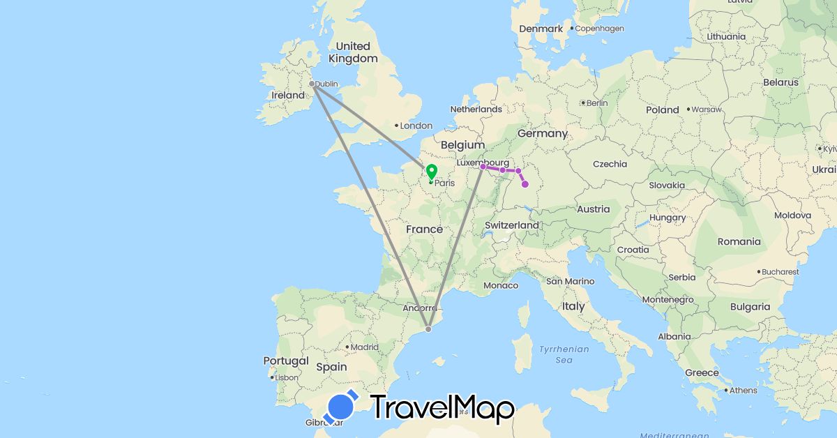 TravelMap itinerary: bus, plane, train in Germany, Spain, France, Ireland, Luxembourg (Europe)